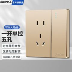 国际电工86型暗装时尚大板开关插座香槟金家用墙壁一开五孔错位五孔面板 一开单带五孔