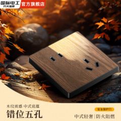 国际电工复古新中式木纹86型面板中古风五孔家用民宿轻奢纯平无框仿古 【复古木纹】错位五孔