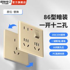 国际电工插座新国标一开多孔带开关86型暗装墙面电源面板十二孔厨房大功率 暗装一开十二孔插座【梵高金】